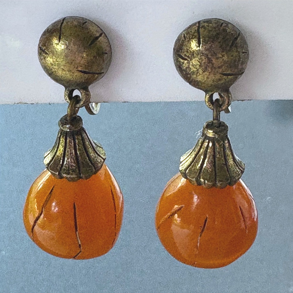 Vintage Crown Trifari Pumpkin Drop Clip-On Earrings  and Bead Necklace Set